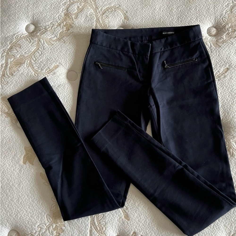 Club Monaco Navy Blue Emily Pants Skinny Leg Faux Leather Trim Zip Pockets